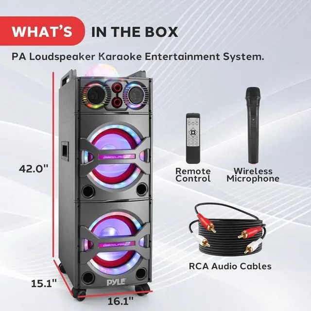 Alt view image 7 of 7 - Pyle Portable Bluetooth PA Speaker System - 2000W Active powered Outdoor Bluetooth Speaker Portable PA System w/ Microphone In, Party Lights, USB SD Card Reader, AUX/RCA/FM Radio, Wheels - PSUFM1043BT