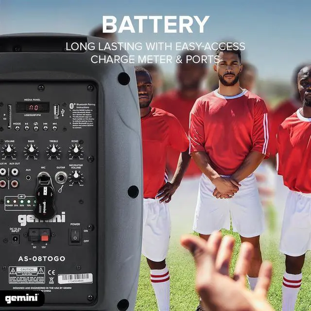 Alt view image 6 of 7 - Gemini 8 500W Wireless Battery-Powered Bluetooth PA Speaker with Mic/Guitar Inputs, Echo, USB/SD/FM  Portable Pro Audio for Performers, Karaoke & Outdoor Events (AS-08TOGO)