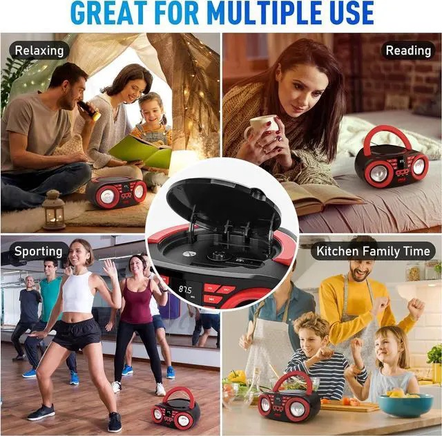 Alt view image 4 of 7 - Pyle Portable CD Player Bluetooth Boombox Speaker - AM/FM Stereo Radio & Audio Sound, Supports CD-R-RW/MP3/WMA, USB, AUX, Headphone, LED Display, AC/Battery Powered, Red Black - PHCD22.5
