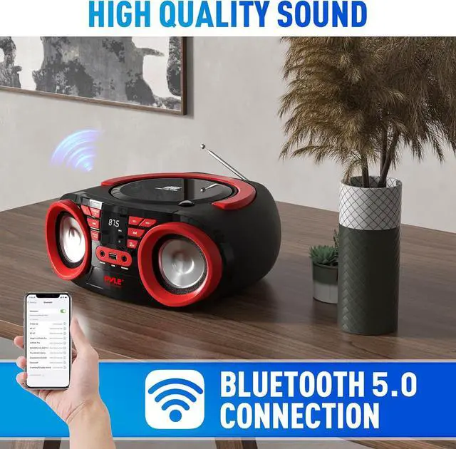 Alt view image 5 of 7 - Pyle Portable CD Player Bluetooth Boombox Speaker - AM/FM Stereo Radio & Audio Sound, Supports CD-R-RW/MP3/WMA, USB, AUX, Headphone, LED Display, AC/Battery Powered, Red Black - PHCD22.5