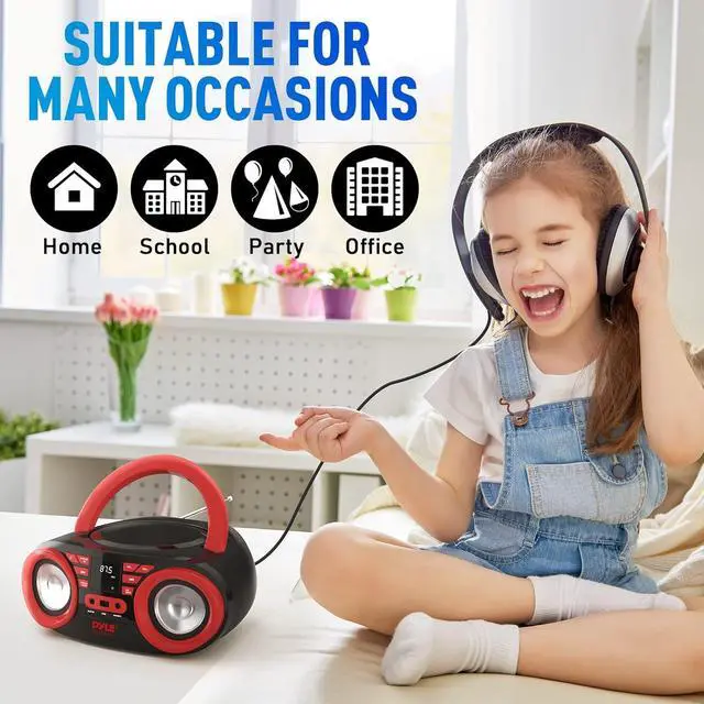 Alt view image 6 of 7 - Pyle Portable CD Player Bluetooth Boombox Speaker - AM/FM Stereo Radio & Audio Sound, Supports CD-R-RW/MP3/WMA, USB, AUX, Headphone, LED Display, AC/Battery Powered, Red Black - PHCD22.5