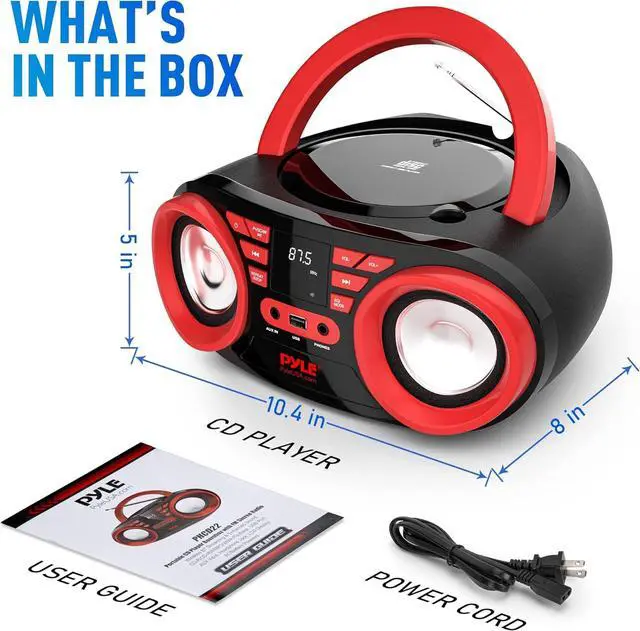 Alt view image 7 of 7 - Pyle Portable CD Player Bluetooth Boombox Speaker - AM/FM Stereo Radio & Audio Sound, Supports CD-R-RW/MP3/WMA, USB, AUX, Headphone, LED Display, AC/Battery Powered, Red Black - PHCD22.5