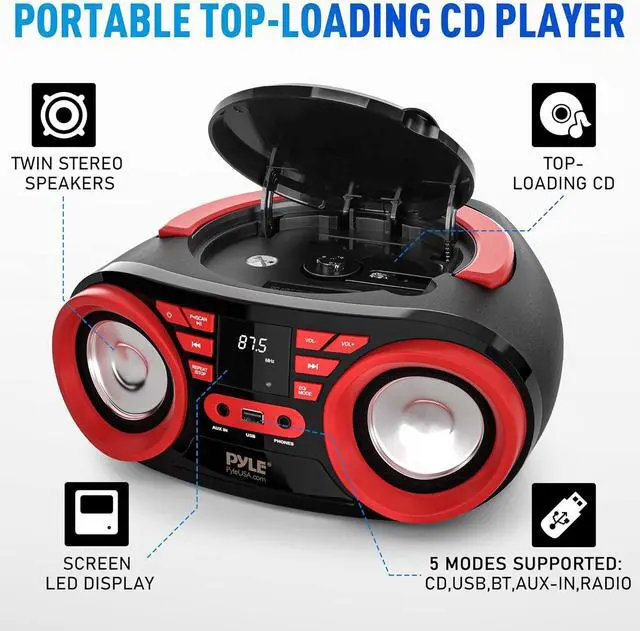 Alt view image 2 of 7 - Pyle Portable CD Player Bluetooth Boombox Speaker - AM/FM Stereo Radio & Audio Sound, Supports CD-R-RW/MP3/WMA, USB, AUX, Headphone, LED Display, AC/Battery Powered, Red Black - PHCD22.5