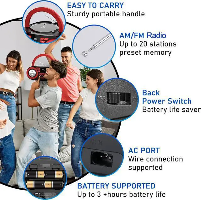 Alt view image 3 of 7 - Pyle Portable CD Player Bluetooth Boombox Speaker - AM/FM Stereo Radio & Audio Sound, Supports CD-R-RW/MP3/WMA, USB, AUX, Headphone, LED Display, AC/Battery Powered, Red Black - PHCD22.5