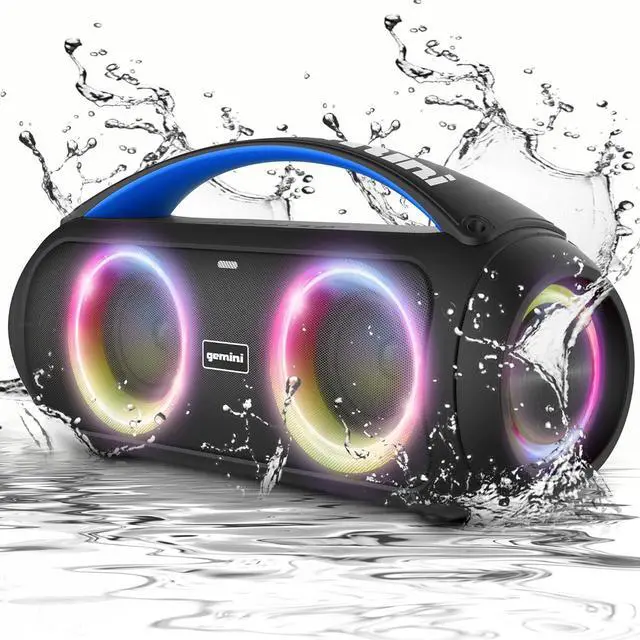 Main image of Gemini Portable Bluetooth Boombox Speaker with Deep Bass, LED Party Lights, FM Radio, USB, Mic Input & 7-Hour Battery  Rechargeable Wireless Speaker for Travel, Gym, or Home Use (GGO-230L)