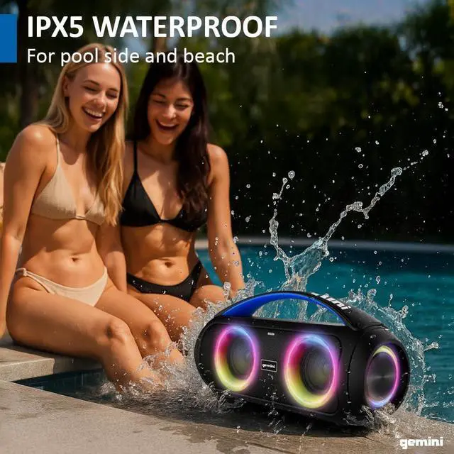 Alt view image 2 of 7 - Gemini Portable Bluetooth Boombox Speaker with Deep Bass, LED Party Lights, FM Radio, USB, Mic Input & 7-Hour Battery  Rechargeable Wireless Speaker for Travel, Gym, or Home Use (GGO-230L)