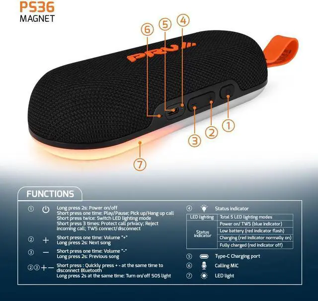 Alt view image 6 of 7 - PRV AUDIO Loud Portable Bluetooth Speaker Wireless PS36 Magnet - Magnetic Waterproof Outdoor Speaker with Lights, 36W Super Bass, TWS Pairing, 10-Hour Playtime  for Camping, Travel, Beach, Golf