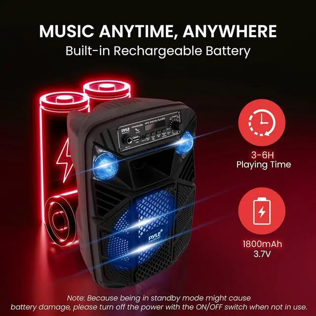 Alt view image 5 of 7 - Pyle Bluetooth PA Speaker System - 300W Rechargeable Outdoor Bluetooth Speaker Portable PA System w/ 8 Subwoofer 1 Tweeter, Microphone in, MP3/USB, Radio, Remote - Pyle PPHP838B, Black