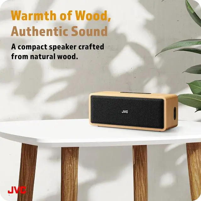 Alt view image 2 of 7 - JVC Portable Wireless Bluetooth Stereo Speaker  Genuine Wood, Retro Style, Rich Sound, 12 Hr Battery, Palm-Sized, for Home, Office, or Outdoors, USB-C and Aux Input