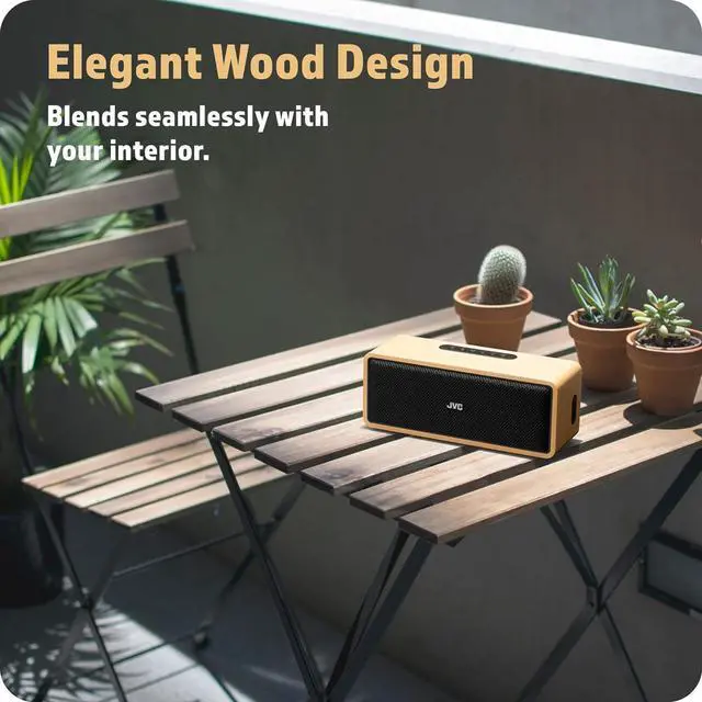 Alt view image 3 of 7 - JVC Portable Wireless Bluetooth Stereo Speaker  Genuine Wood, Retro Style, Rich Sound, 12 Hr Battery, Palm-Sized, for Home, Office, or Outdoors, USB-C and Aux Input