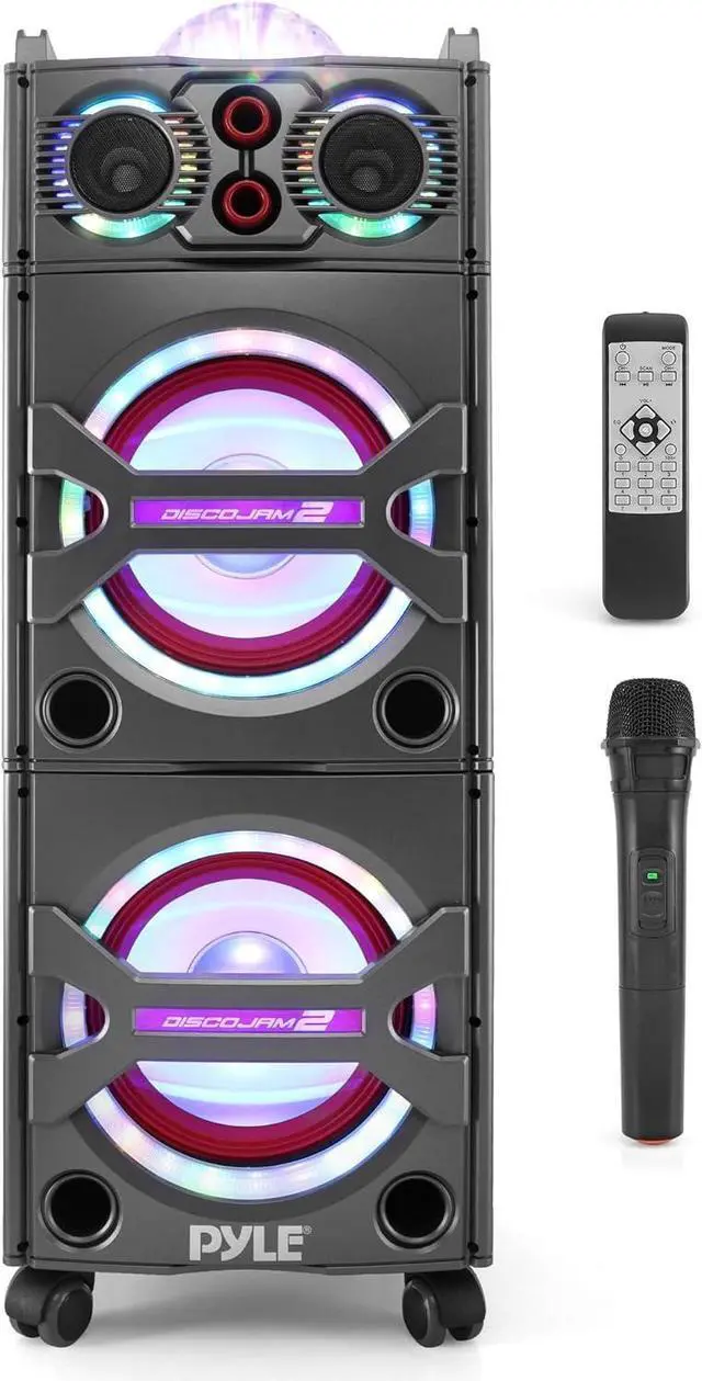 Main image of Pyle Portable Bluetooth PA Speaker System - 2000W Active powered Outdoor Bluetooth Speaker Portable PA System w/ Microphone In, Party Lights, USB SD Card Reader, AUX/RCA/FM Radio, Wheels - PSUFM1043BT