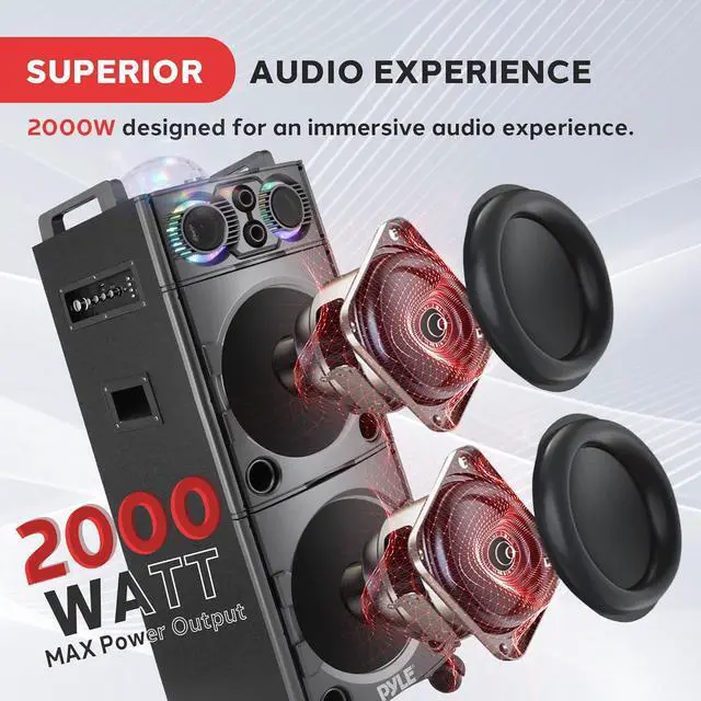 Alt view image 2 of 7 - Pyle Portable Bluetooth PA Speaker System - 2000W Active powered Outdoor Bluetooth Speaker Portable PA System w/ Microphone In, Party Lights, USB SD Card Reader, AUX/RCA/FM Radio, Wheels - PSUFM1043BT