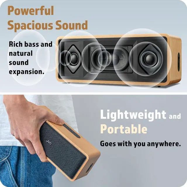 Alt view image 4 of 7 - JVC Portable Wireless Bluetooth Stereo Speaker  Genuine Wood, Retro Style, Rich Sound, 12 Hr Battery, Palm-Sized, for Home, Office, or Outdoors, USB-C and Aux Input