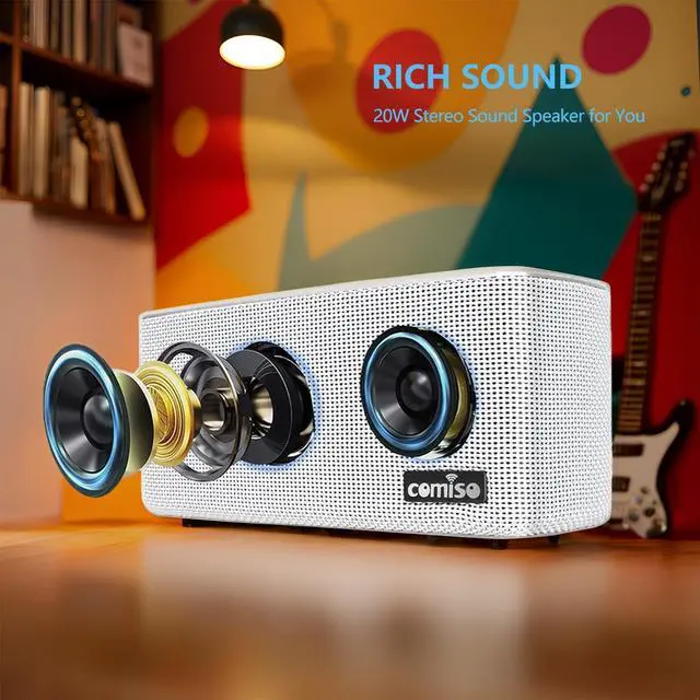 Alt view image 2 of 7 - comiso Bluetooth Speakers, Portable Speaker 5.0 with 20W Stereo Sound, Wireless Stereo Pairing, Wood Bluetooth Audio with Subwoofer, 24H Playtime, Hands-Free, Great for Office, Home, Outdoor