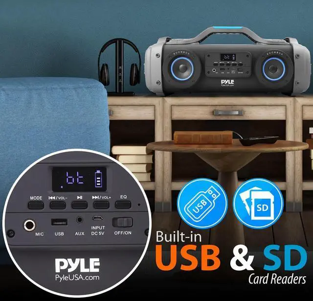 Alt view image 6 of 7 - Pyle Wireless Portable Bluetooth Boombox Speaker - 800W Rechargeable Boom Box Speaker Portable Barrel Loud Stereo System with AUX Input, USB, 1/4", Fm Radio, 4" Subwoofer, DJ Lights - PBMSPG148, Black
