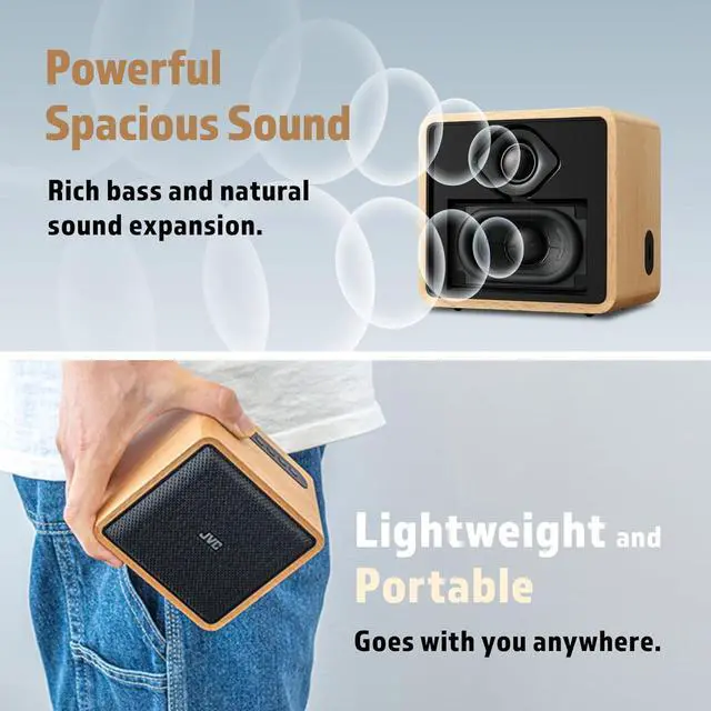 Alt view image 3 of 7 - JVC Wireless Bluetooth Speaker - Retro Portable Speaker with Genuine Wood Design, Palm-Sized, Great for Travel, Home, Office or Outdoor Use - Up to 12 Hr Battery - Rich Sound, USB-C and Aux Input