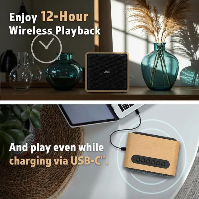 Alt view image 5 of 7 - JVC Wireless Bluetooth Speaker - Retro Portable Speaker with Genuine Wood Design, Palm-Sized, Great for Travel, Home, Office or Outdoor Use - Up to 12 Hr Battery - Rich Sound, USB-C and Aux Input