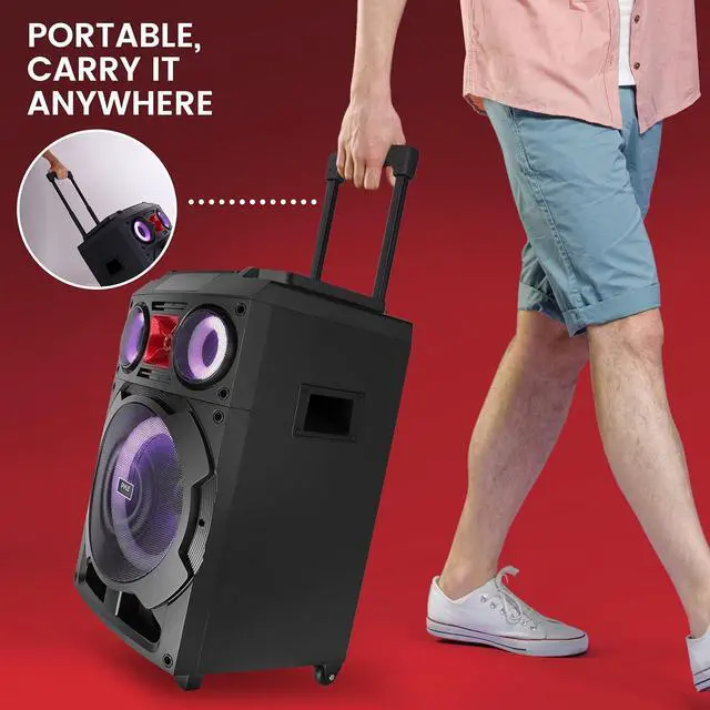Alt view image 6 of 7 - Pyle Portable Bluetooth PA Speaker System - 800W 10 Rechargeable Speaker, TWS, Party Light, LED Display, FM/AUX/MP3/USB/SD, Wheels - Wireless Mic, Remote Control, Tablet Holder Included - PHP210DJT