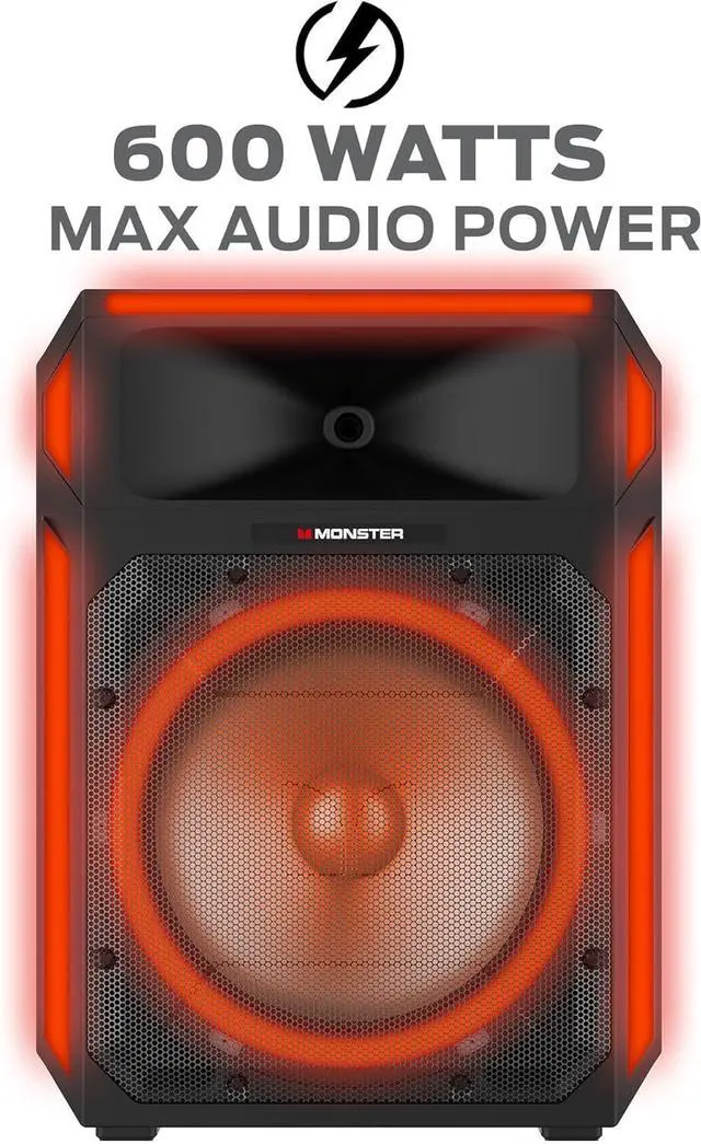 Alt view image 2 of 7 - Monster X6 All-in-One Bluetooth Speaker System, Party Speaker, PA | 600W Power, 15" Sub | Beat Synced LED Lights, All Terrain Wheels, TWS Pairing, App Control | Includes Adjustable Tripod & Microphone