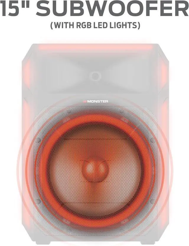 Alt view image 3 of 7 - Monster X6 All-in-One Bluetooth Speaker System, Party Speaker, PA | 600W Power, 15" Sub | Beat Synced LED Lights, All Terrain Wheels, TWS Pairing, App Control | Includes Adjustable Tripod & Microphone