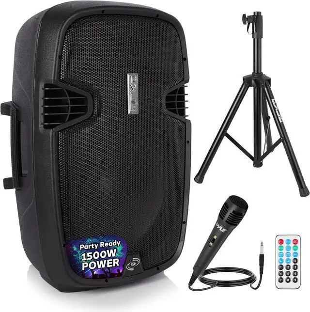 Main image of Pyle PPHP155ST Wireless Portable PA Speaker System - 1500W High Powered Bluetooth Compatible Active Outdoor Sound Speakers w/ USB SD MP3 RCA - 35mm Mount, Stand, Microphone, Power Cable, Black, 15"