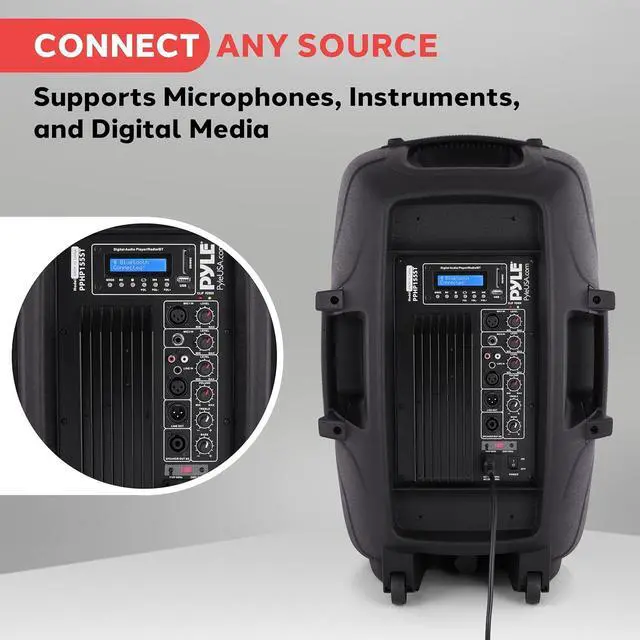 Alt view image 3 of 7 - Pyle PPHP155ST Wireless Portable PA Speaker System - 1500W High Powered Bluetooth Compatible Active Outdoor Sound Speakers w/ USB SD MP3 RCA - 35mm Mount, Stand, Microphone, Power Cable, Black, 15"