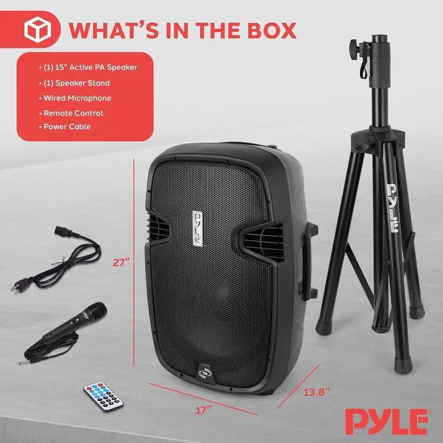 Alt view image 4 of 7 - Pyle PPHP155ST Wireless Portable PA Speaker System - 1500W High Powered Bluetooth Compatible Active Outdoor Sound Speakers w/ USB SD MP3 RCA - 35mm Mount, Stand, Microphone, Power Cable, Black, 15"