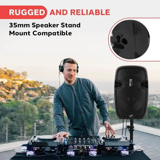 Alt view image 5 of 7 - Pyle PPHP155ST Wireless Portable PA Speaker System - 1500W High Powered Bluetooth Compatible Active Outdoor Sound Speakers w/ USB SD MP3 RCA - 35mm Mount, Stand, Microphone, Power Cable, Black, 15"