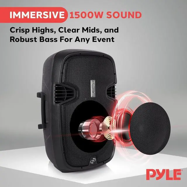 Alt view image 7 of 7 - Pyle PPHP155ST Wireless Portable PA Speaker System - 1500W High Powered Bluetooth Compatible Active Outdoor Sound Speakers w/ USB SD MP3 RCA - 35mm Mount, Stand, Microphone, Power Cable, Black, 15"