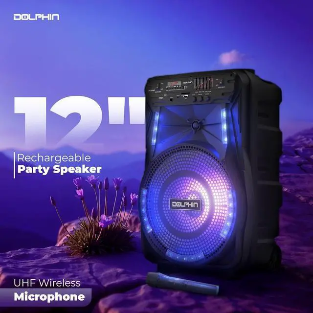 Alt view image 3 of 7 - Dolphin 12-Inch Rechargeable Bluetooth Party Speaker  High Power Sound, TWS Compatibility, LED Lights, 5-Band Equalizer, Portable Design with Trolley and Wheels