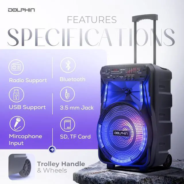 Alt view image 4 of 7 - Dolphin 12-Inch Rechargeable Bluetooth Party Speaker  High Power Sound, TWS Compatibility, LED Lights, 5-Band Equalizer, Portable Design with Trolley and Wheels