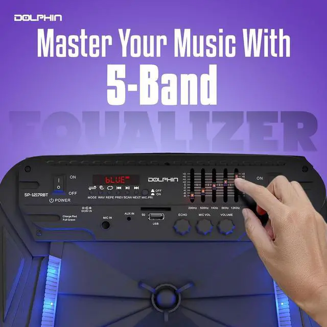 Alt view image 5 of 7 - Dolphin 12-Inch Rechargeable Bluetooth Party Speaker  High Power Sound, TWS Compatibility, LED Lights, 5-Band Equalizer, Portable Design with Trolley and Wheels