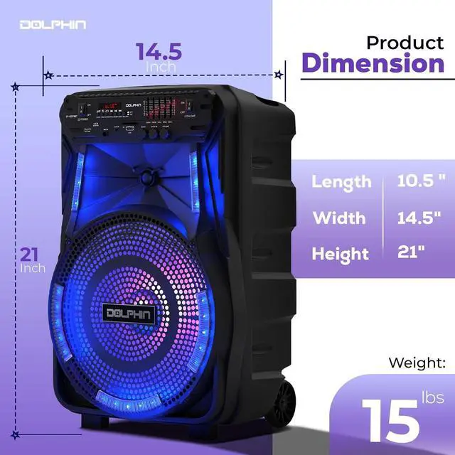 Alt view image 6 of 7 - Dolphin 12-Inch Rechargeable Bluetooth Party Speaker  High Power Sound, TWS Compatibility, LED Lights, 5-Band Equalizer, Portable Design with Trolley and Wheels