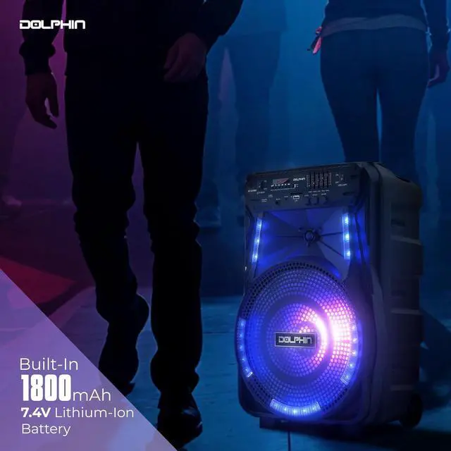 Alt view image 7 of 7 - Dolphin 12-Inch Rechargeable Bluetooth Party Speaker  High Power Sound, TWS Compatibility, LED Lights, 5-Band Equalizer, Portable Design with Trolley and Wheels