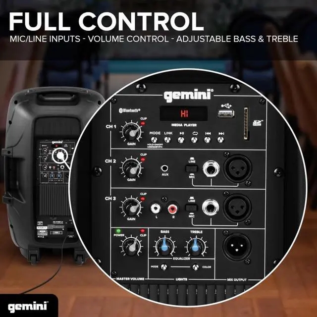 Alt view image 2 of 7 - Gemini 2000W Bluetooth PA Speaker w/Stand  15 DJ Loudspeaker System with LED Lights, USB/SD/FM, Wireless Stereo Pairing, Mic, EQ, Remote & Pro Audio Inputs  Portable Party Sound (AS-2115BT-LT-PK)