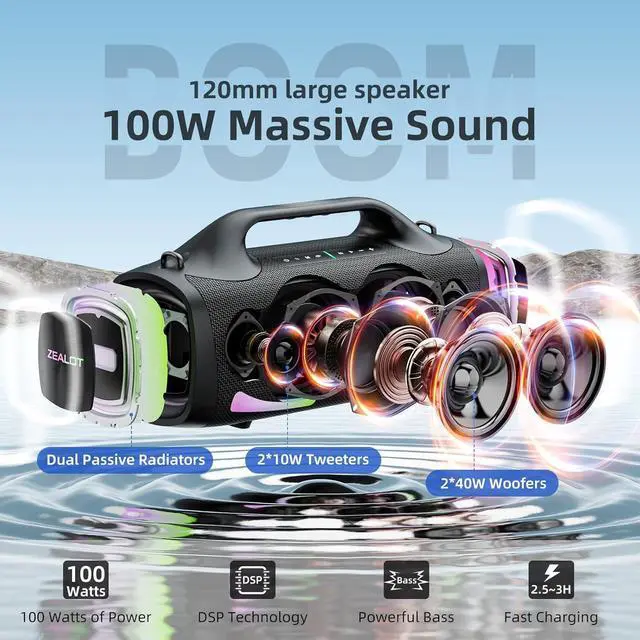 Alt view image 2 of 7 - ZEALOT Bluetooth Speaker, 110W Peak(100W) Booming Sound Speakers Wireless, Dual Pairing, XBass, Bluetooth 5.3, 24000mAh Power Bank, Portable Outdoor Waterproof Speaker for Camping, Beach and Party