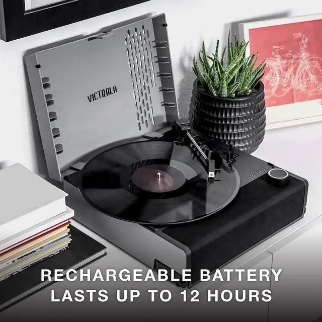 Alt view image 2 of 7 - Victrola Revolution GO  Portable Vinyl Record Player, Battery-Powered Bluetooth Turntable, 12 Hour Battery Life, 3 Speed Belt-Driven Record Player, RCA Output, 3.5mm Headphone Jack (Citrus)
