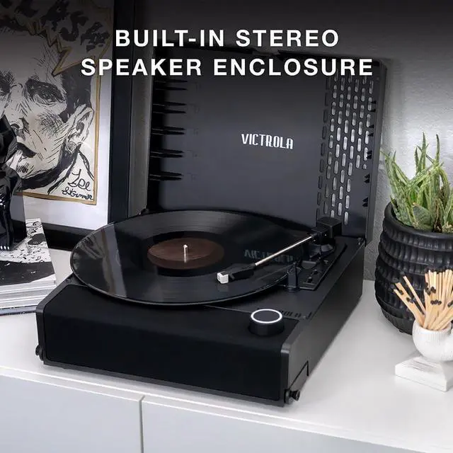 Alt view image 5 of 7 - Victrola Revolution GO  Portable Vinyl Record Player, Battery-Powered Bluetooth Turntable, 12 Hour Battery Life, 3 Speed Belt-Driven Record Player, RCA Output, 3.5mm Headphone Jack (Citrus)