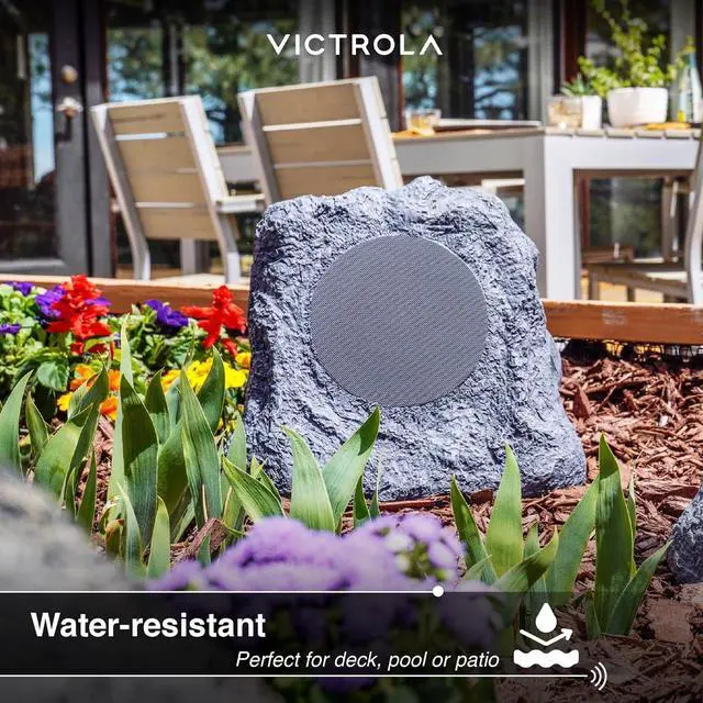Alt view image 2 of 7 - Victrola Outdoor Rock Speaker (Pair)  IPX4 Rechargeable Outdoor Bluetooth Speakers for Garden, Patio, Built for All Seasons, Wireless Music Streaming (Charcoal)