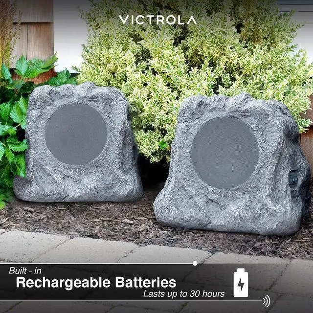 Alt view image 5 of 7 - Victrola Outdoor Rock Speaker (Pair)  IPX4 Rechargeable Outdoor Bluetooth Speakers for Garden, Patio, Built for All Seasons, Wireless Music Streaming (Charcoal)