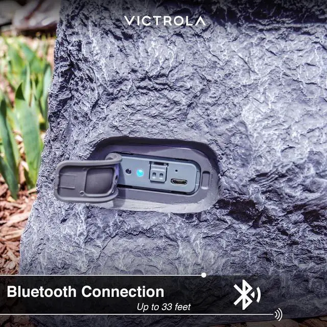Alt view image 4 of 7 - Victrola Outdoor Rock Speaker (Pair)  IPX4 Rechargeable Outdoor Bluetooth Speakers for Garden, Patio, Built for All Seasons, Wireless Music Streaming (Charcoal)