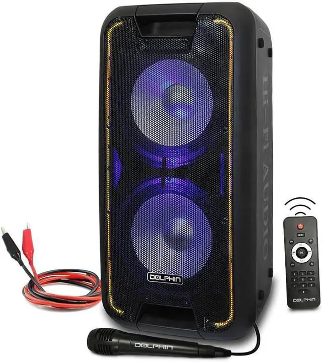 Main image of Dolphin Bluetooth Party Speaker, Neon LED Lights, High Power, X-Bass, Long-Lasting Battery, Trolley & Wheels, Portable Sound System