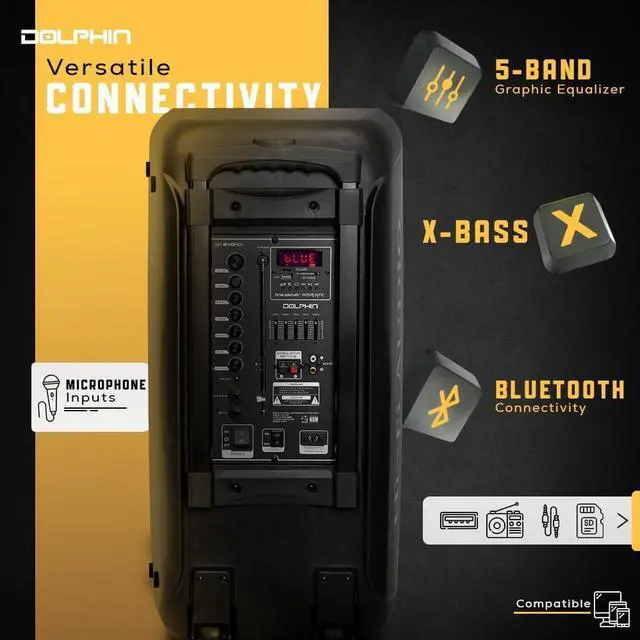 Alt view image 4 of 7 - Dolphin Bluetooth Party Speaker, Neon LED Lights, High Power, X-Bass, Long-Lasting Battery, Trolley & Wheels, Portable Sound System