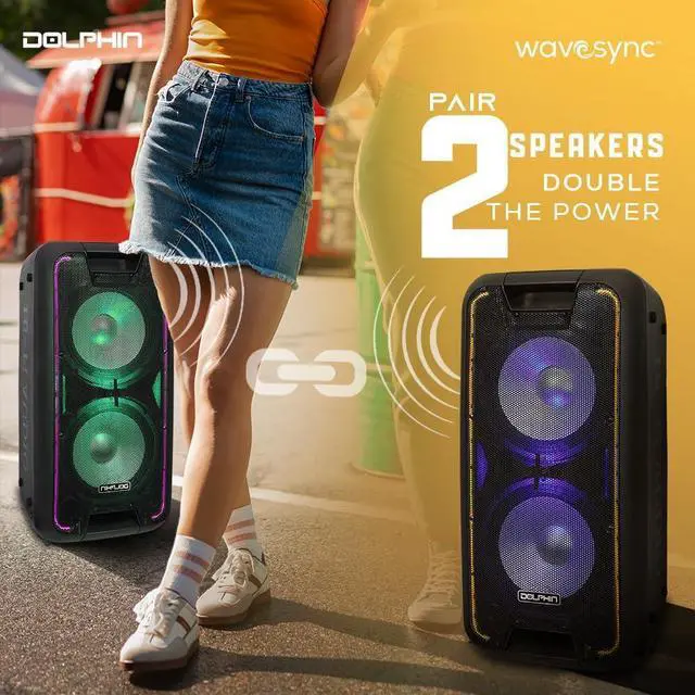 Alt view image 5 of 7 - Dolphin Bluetooth Party Speaker, Neon LED Lights, High Power, X-Bass, Long-Lasting Battery, Trolley & Wheels, Portable Sound System
