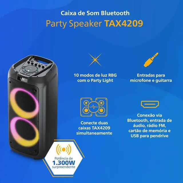 Alt view image 2 of 7 - PHILIPS Bluetooth Party Speaker - Powerful Bass, Loud Speakers, LED Lights, FM Radio, USB, TWS Portable Party Speakers Bluetooth Wireless, Karaoke Mic and Guitar Inputs