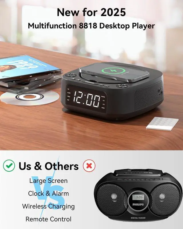 Alt view image 2 of 7 - CD Player Portable,MONODEAL CD Players for Home,Desktop Portable CD Player with Bluetooth Speakers,Wireless Charging,Alarm Clock,SleepTimer,Supports CD/Bluetooth/FM Radio/USB Drive/AUX,Remote Control