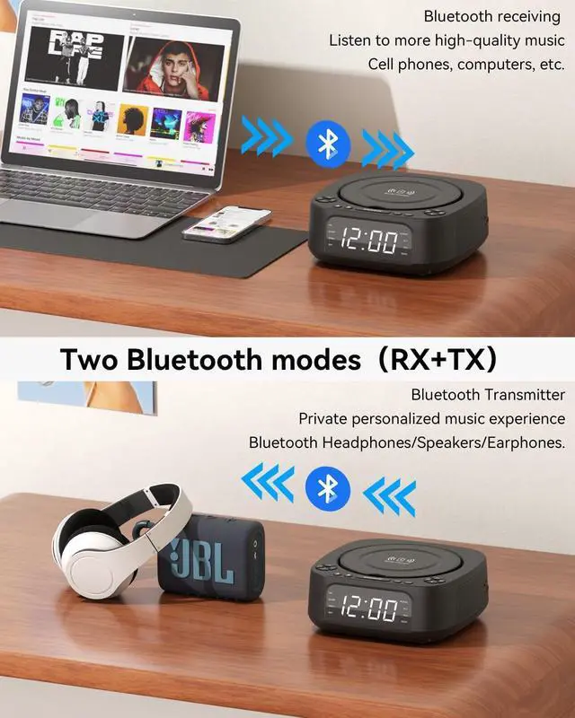 Alt view image 3 of 7 - CD Player Portable,MONODEAL CD Players for Home,Desktop Portable CD Player with Bluetooth Speakers,Wireless Charging,Alarm Clock,SleepTimer,Supports CD/Bluetooth/FM Radio/USB Drive/AUX,Remote Control