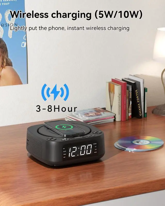 Alt view image 4 of 7 - CD Player Portable,MONODEAL CD Players for Home,Desktop Portable CD Player with Bluetooth Speakers,Wireless Charging,Alarm Clock,SleepTimer,Supports CD/Bluetooth/FM Radio/USB Drive/AUX,Remote Control