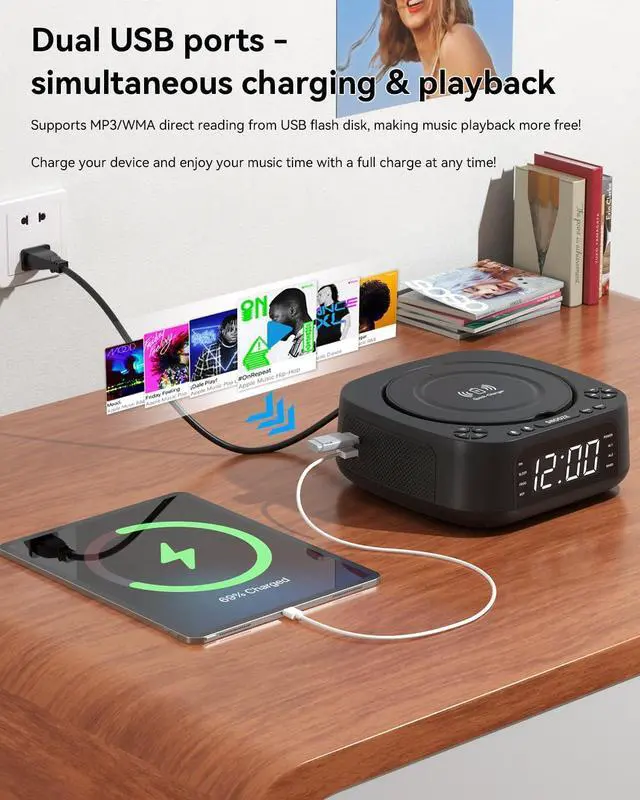 Alt view image 5 of 7 - CD Player Portable,MONODEAL CD Players for Home,Desktop Portable CD Player with Bluetooth Speakers,Wireless Charging,Alarm Clock,SleepTimer,Supports CD/Bluetooth/FM Radio/USB Drive/AUX,Remote Control