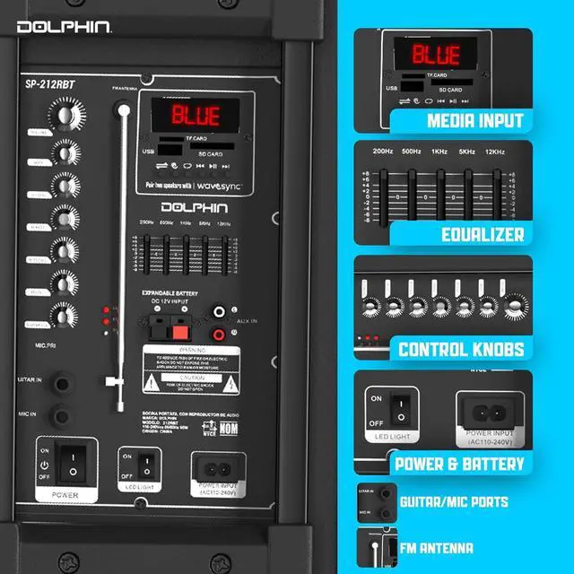 Alt view image 3 of 7 - Dolphin BoxParty 2120 Dual 12" Party Speakers - Portable & Rechargeable Sound with Microphone, Bluetooth, USB, Hi-Fi Amp, Powerful Bass, 5-Band Equalizer & LED Lights - Long Battery Life - 2x12-inch